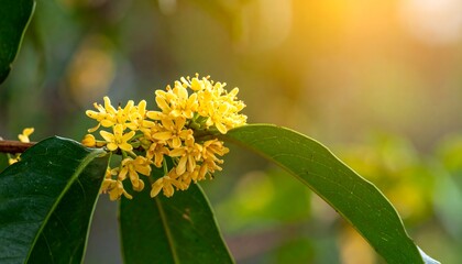 Close-up of Fragrant Yellow Osmanthus Flowers Blooming on a Branch.