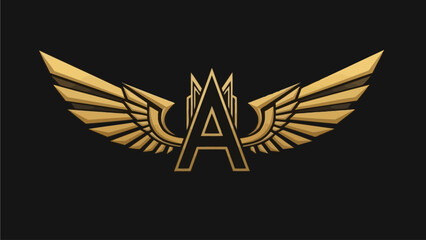 Golden winged emblem with elegant letter A design, luxury vintage badge, heraldic symbol of success and achievement