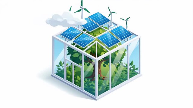 Eco-Friendly Greenhouse With Solar Panels And Wind Turbines