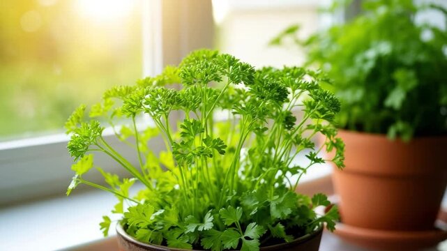 Fresh parsley grows in a pot by the window, soft natural light.