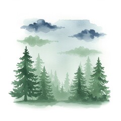 Fototapeta premium Watercolor Green Pine Trees in a Forest with Overcast Skies Illustration