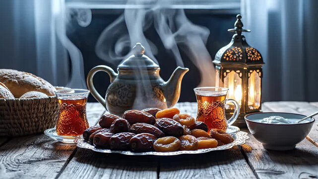 Traditional Middle Eastern Tea Setup with Dates and Lantern
