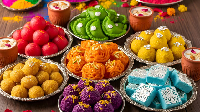 Vibrant holi festival sweets and colors celebration