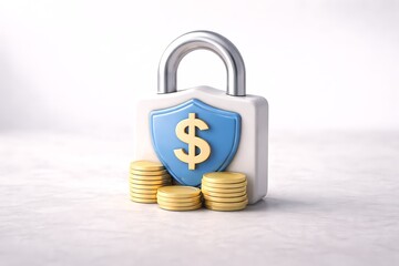 Financial Security Padlock with Dollar Shield and Gold Coins