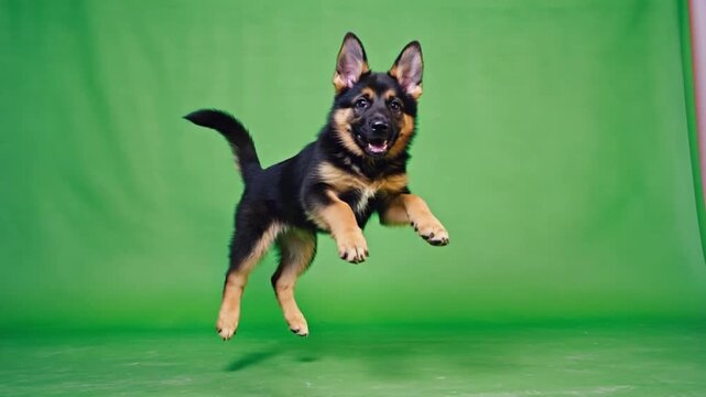 Adorable German Shepherd puppy jumping playfully towards camera