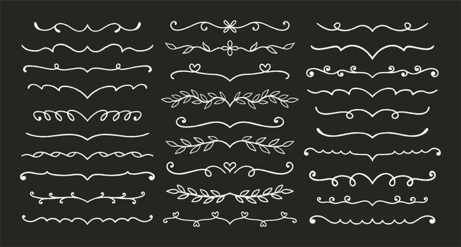 Flourish and dividers crayon drawn set. White pencil drawings. Doodle chalk decorative lines, underline, strikethrough, twigs with leaves. Hand drawn symbols on black bg. Vector illustration
