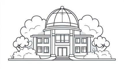 Outline drawing of a building with trees