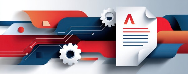 Obraz premium Abstract ai inspired document with blue and red circuitry, gears, and modern design