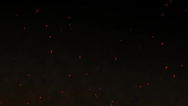 Floating fire sparks. Moving banner with flame particles on dark background with alpha channel for overlay effect. Realistic graphic animated footage