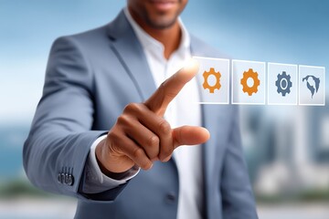 Businessman interacts with a futuristic digital interface, tapping gears and map icons to symbolize strategy and innovation