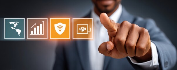 Businessman touching a digital screen with icons for world, analytics, security, and connectivity in a modern corporate setting