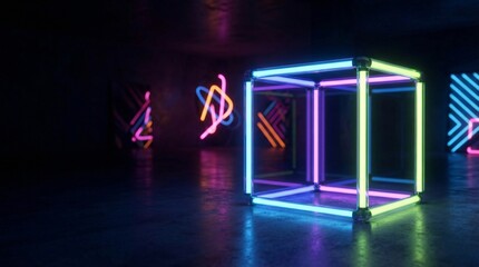 Glowing cube of neon lights in a dark setting.