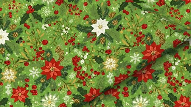 Festive Christmas Poinsettia Holly Berry Snowflakes Green Seamless Pattern Motion