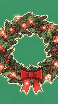 Festive Christmas Wreath with Red Bow and Twinkling Lights