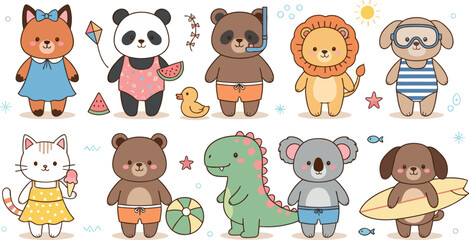 Cute summer animal characters illustration set with beach outfits toys and accessories, playful cartoon wildlife collection for kids nursery decor and seasonal flat vector designs
