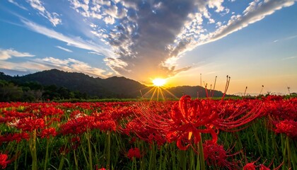 Stunning Sunset Over a Field of Red Spider Lilies.