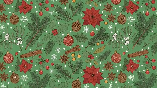 Festive Christmas Poinsettias Pine Cones and Ornaments Green Background Loop