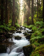 Obraz premium A serene forest scene featuring a flowing stream and dappled sunlight filtering through the tall trees. Lush green foliage surrounds