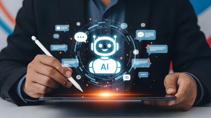 Businessperson analyzing artificial intelligence interface on a tablet for digital communication