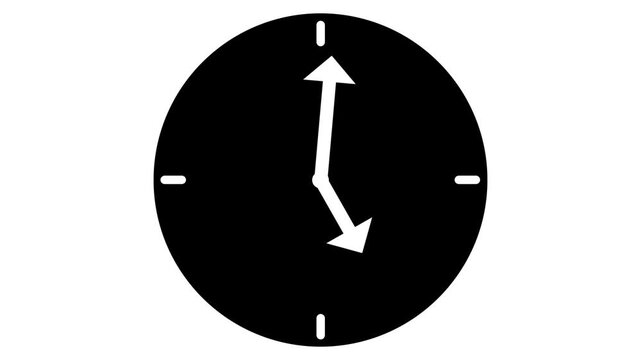 Minimalist black clock with white hour and minute hands moving fast. Time lapse animation showing the rapid passage of hours.