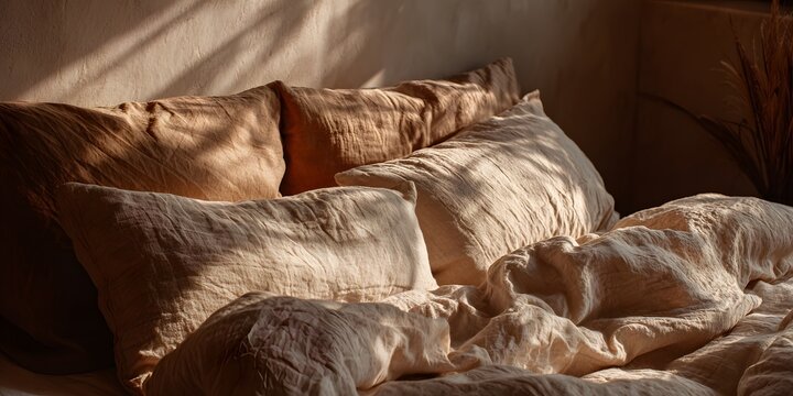 Unmade bed with rumpled beige linen sheets and pillows, soft morning sunlight casting shadows across the texture in a cozy bedroom scene.