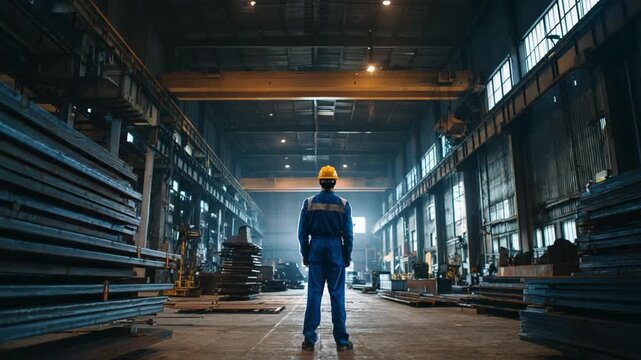 Visionary in the Industrial Realm: A solitary figure, clad in workwear, stands with resolute gaze amidst a vast industrial landscape, symbolizing dedication and progress.