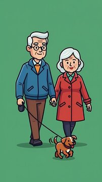 Elderly Couple Walks Dog Pixel Art Style
