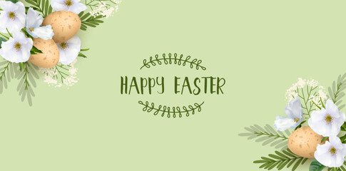 Happy Easter banner with spring flowers and hand drawn plants. Modern background with Easter egg
