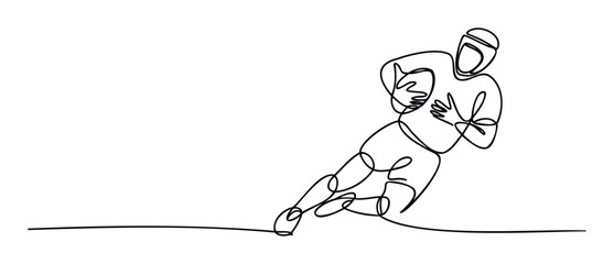 Dynamic single continuous line drawing of a rugby athlete running with the ball, suitable for illustrating sports concepts, fitness campaigns, or competition graphics.