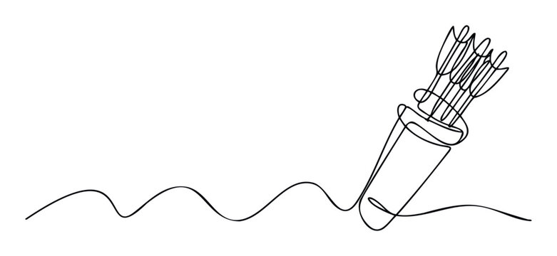 Abstract continuous line artwork of a traditional archery quiver packed with arrows, ideal for sports gear advertisements, outdoor recreation themes, or modern visual communication