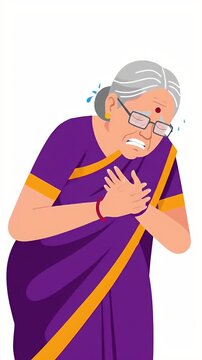 Elderly Indian Woman In Purple Saree Experiencing Chest Pain And Distress