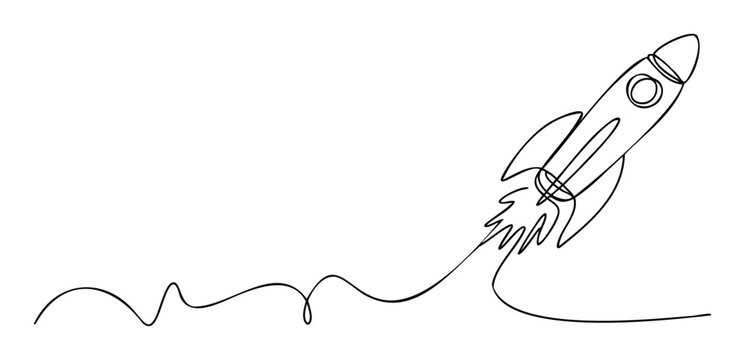 A single continuous line drawing of a rocket launching with a wavy trail representing a dynamic journey and progress ideal for business growth or innovation concepts