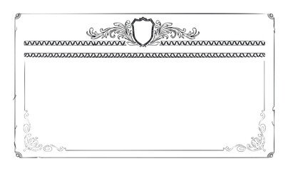 An elegant ornamental blank certificate frame featuring a prominent crest and intricate scrollwork, ideal for formal documents, awards, diplomas, or invitations requiring a sophisticated