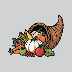 Thanksgiving Cornucopia with Harvest Fruits and Vegetables Illustration