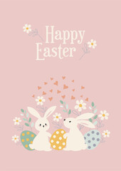 Easter poster. Funny bunnies are hiding between Easter colored eggs. Modern minimalist art style