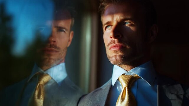 A dapper man in a tailored suit adjusts his tie, reflecting a moment of contemplation and confidence as he gazes out a window, with his focused expression portraying determination and elegance.