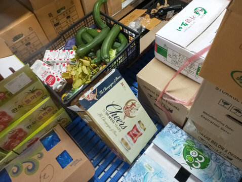 Food storage and provisioning area on board a ship, showing supplies for crew during sea voyage. Maritime logistics, ship management and onboard living conditions: 06.04.2023- Ocean