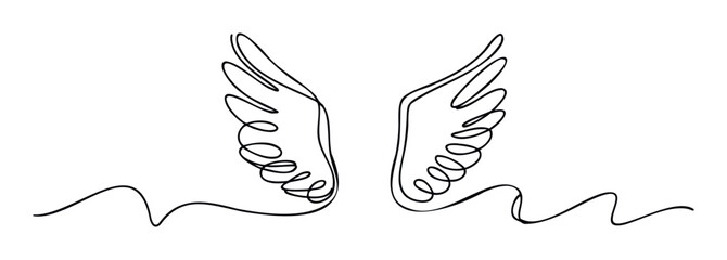 Elegant continuous line drawing of angel wings symbolizing freedom and spiritual journey, perfect for various graphic projects and inspirational content applications.