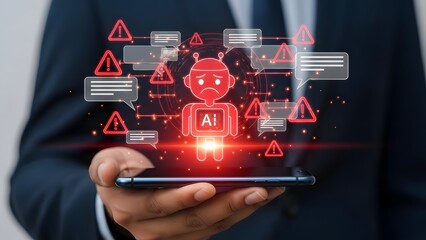 A person holding a smartphone with digital icons of AI and cybersecurity threats