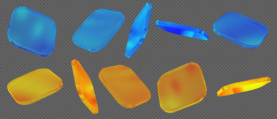 3d glass transparent rectangle with rounded angles, podium or shape element with different angles. Holographic square figure. Blue and yellow abstract element. Stock vector illustration on isolated ba