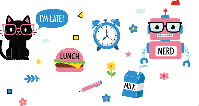 cute nerd cartoon robot and cat illustration, back to school theme, lunch time concept, alarm clock, milk box, playful colorful kids designcute nerd cartoon  