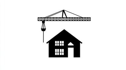 Construction Crane and House Silhouette, Building Construction, Simple Illustration, Use for Templates, Posters, or Websites