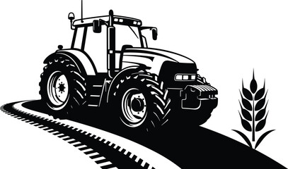 Black and white tractor illustration with wheat symbol representing modern agriculture, farming machinery, rural industry, and agribusiness design © Nur Creations