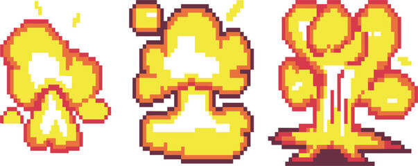 Pixel art explosion and smoke, cloud set for retro video game action and blast design © Al