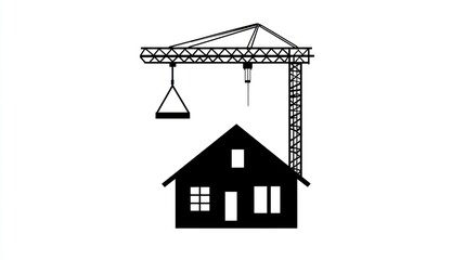 Construction Crane Raising House, Construction Site, Building Project, Home Building, Simple Illustration