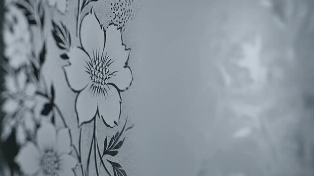 Close up of frosted glass with etched floral patterns and soft light reflections moving gently
