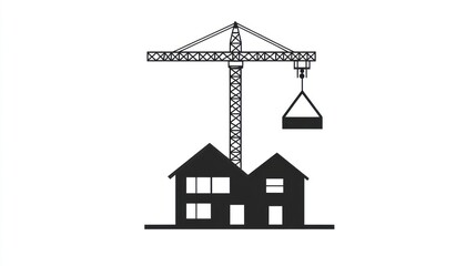Construction crane lifting materials for house building, illustration