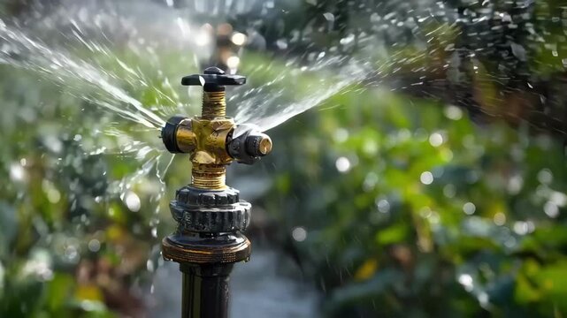 Closeup medium shot of a geardriven automatic sprinkler system finetuning its water spray highlighting mechanical precision and efficient irrigation.