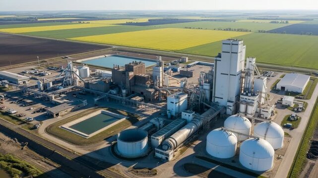 Aerial view of industrial ethanol plant complex with surrounding fields and storage tanks in daylight