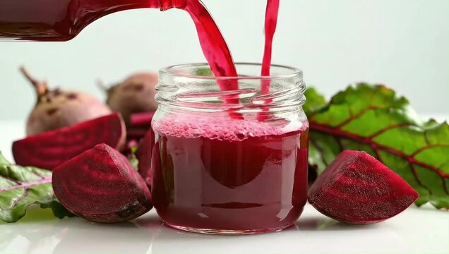 Healthy fresh beetroot juice pouring from two bottles into a glass jar